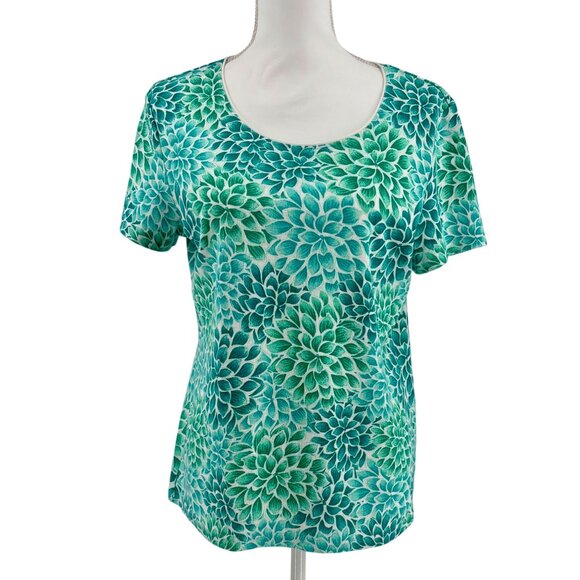Karen Scott Tops - Karen Scott Womens Green & Blue Floral Short Sleeve Top Size L Cotton/Polyester